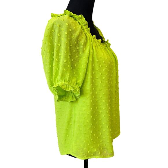 New CECE Women's Green Short Puff Sleeve Square Neck Clip Dot Top Size XS - Picture 3 of 6